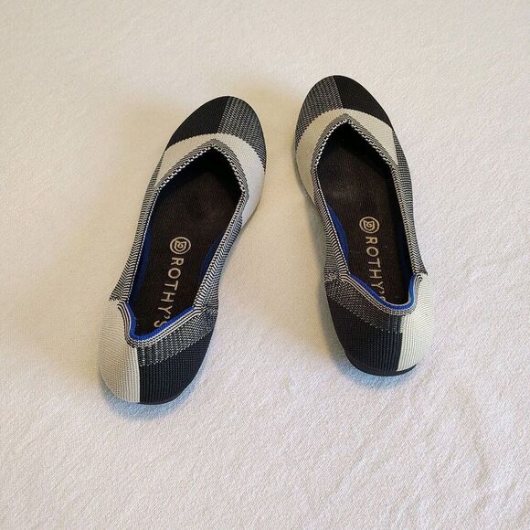 Rothy's Buffalo Plaid Flats Round Toe Captoe Black Cream Shoes Womens 9 Slip On - Picture 6 of 9